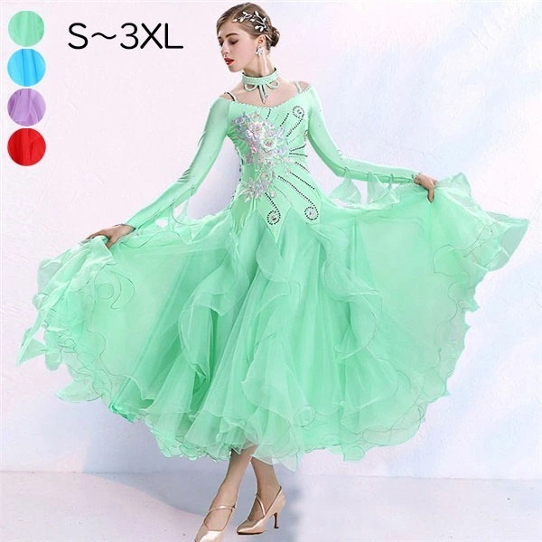 社交ダンス モダンドレス 練習着 社交ダンス衣装 ラテン ダンス 衣装 ワンピース ダンスウエア ダンス用 チャチャ イベント衣装 競技用大きい裾 レディースダンス衣装 ステージ衣装 ワルツ レッド