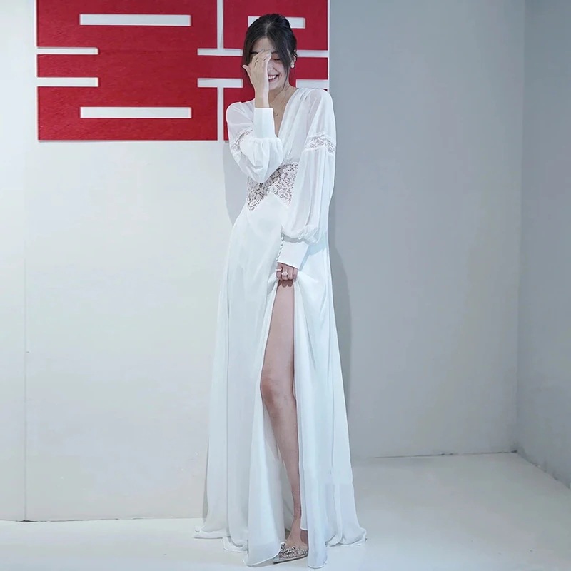 ワンピースドレスドレス軽いウェディングドレスモーニングガウン花嫁のバックレスドレス小さな尾シンな長袖の外れたベール気質ドレス