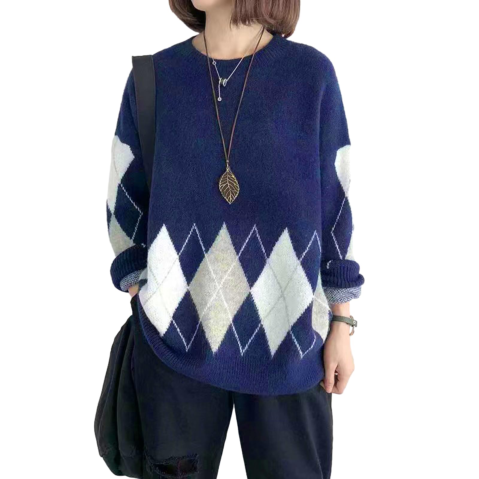 セーター レディース ラウンドネック アーガイル 柄 ニット 長袖 ミディアムレングス カットソートップス プルオーバー チェック 伸縮性 体型カバー 柔らか 大きいサイズ おしゃれ 可愛い 春 秋