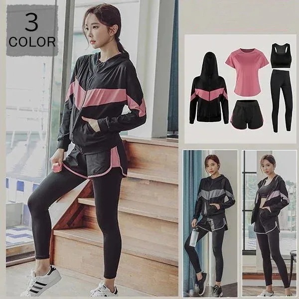 ファッションヨガウェア セットアップ ヨガトップス トップス ランニング ヨガ パーカー Tシャツ パンツ 短パン レギンス５点セット 可愛い スポーツシャツ おしゃれ ホット レディース 上下セット
