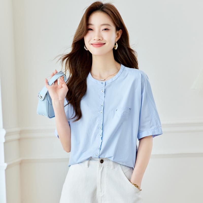 レディース トップス ファッション 上品 オフィス カジュアル 婦人服 おしゃれ ブルー 半袖 シフォン シャツ 夏 小さめ 体型カバー Pu シャツ