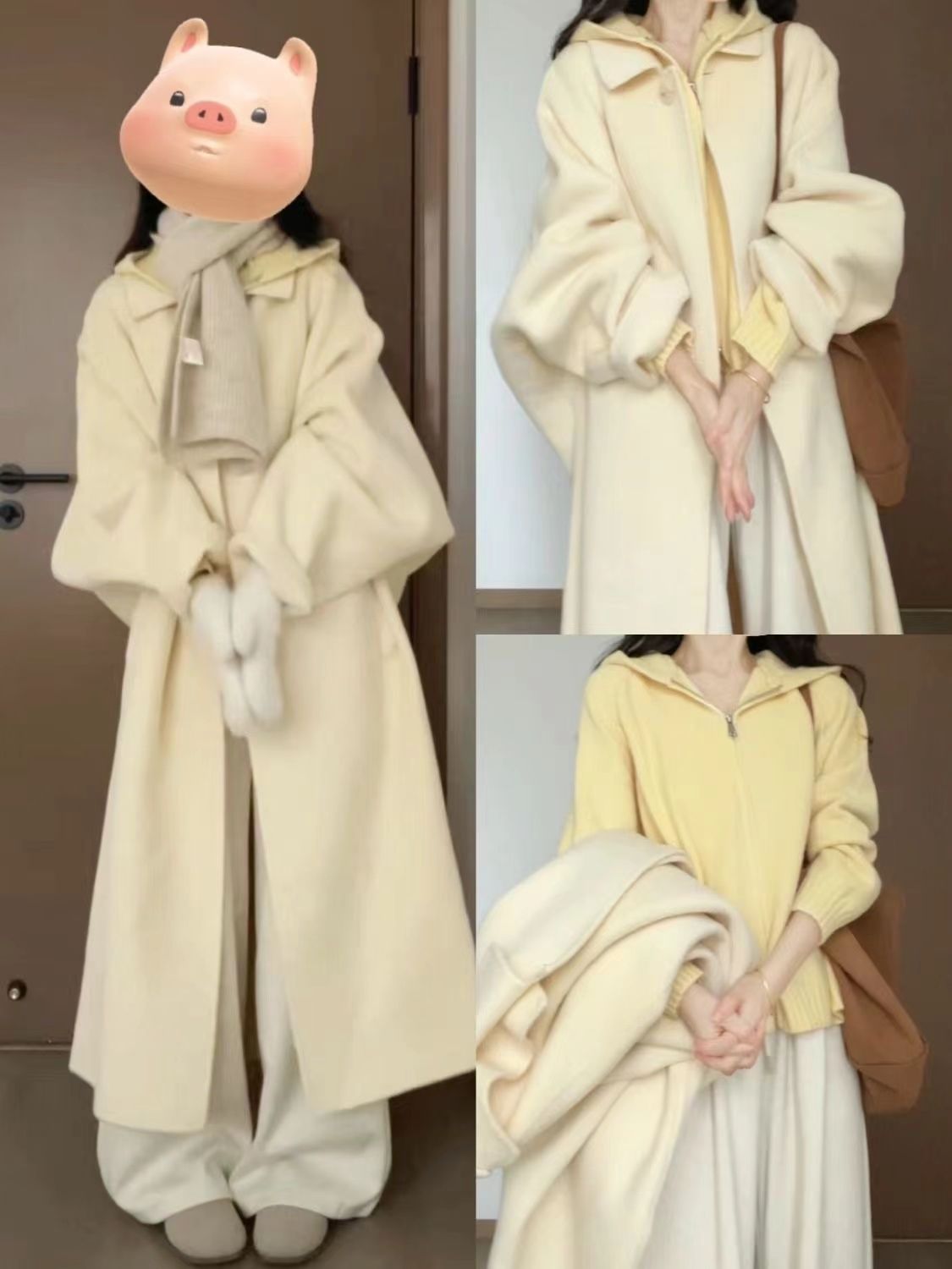 女性3点セット2024秋韓国系高級感ミドルロングコートコートパーカニットハイウエストワイドパンツ