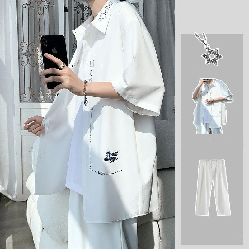 M-3XL セットアップメンズ 半袖シャツ+ロングパンツ 夏服トレンド セット カジュアル 大きいサイズ