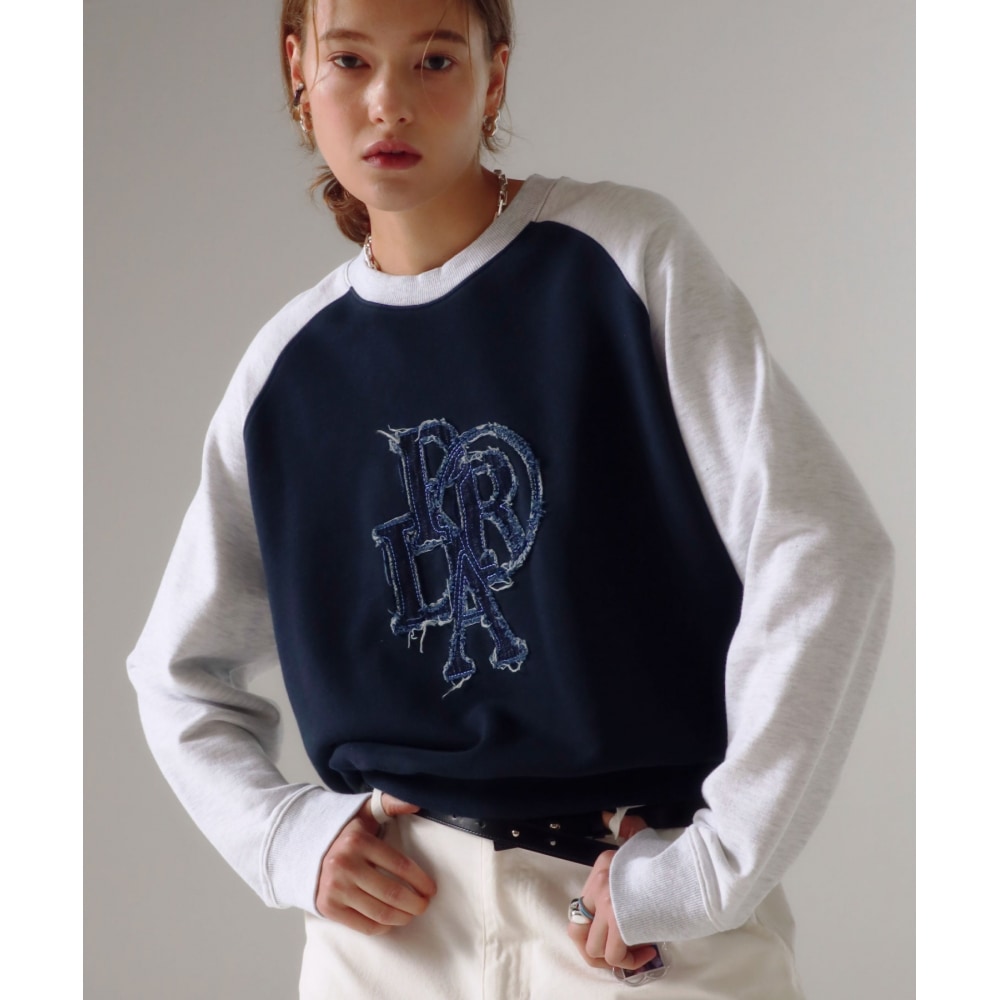 プレンダコンビネーションデニムパッチラグランスウェットシャツネイビー