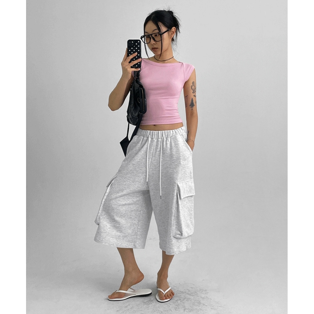 ブラックアップホールリムバンディングカーゴバミューダパンツ