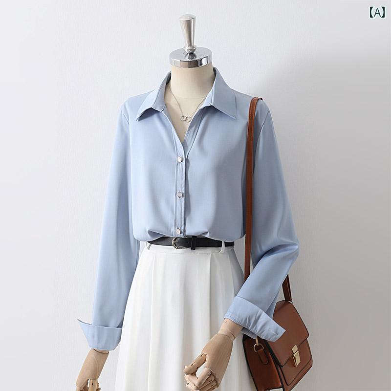レディース シャツ ブラウス 長袖 春秋 薄青 白 薄カーキ 開襟シャツ襟 Vネック ドレープ シングルブレスト おしゃれボタン ステッチ装飾 エレガント シンプル ベーシック オフィス 多用途 5,350円