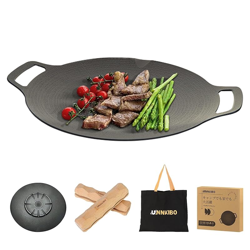 【国内即発】UNNKIBO マルチグリドル 33cm グリルパン 直火 ガス IH対応 軽量 ソロキャンプ グリルパン（木製取っ手 収納バッグ付属 ） シーズニング不要 PFOA フリー 裏には五徳用