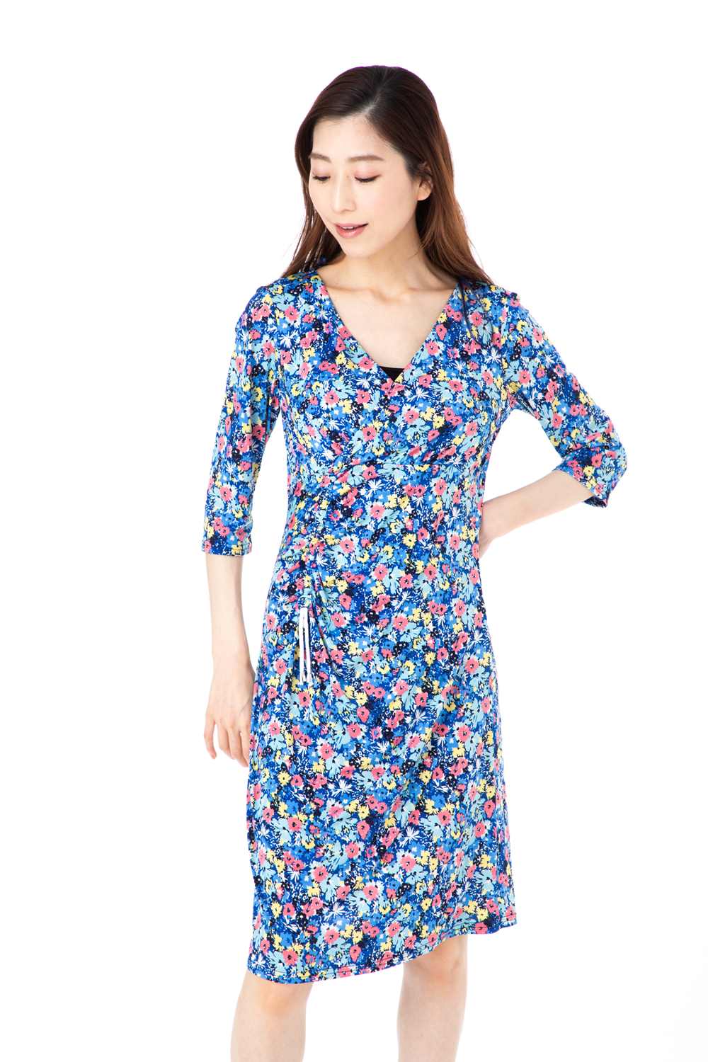ファス(FAS)ワンピース T2 T3 T4サイズ ７分袖 膝丈 花柄 カシュクール　ジャージー きれいめワンピース レディース Fille A Suivre