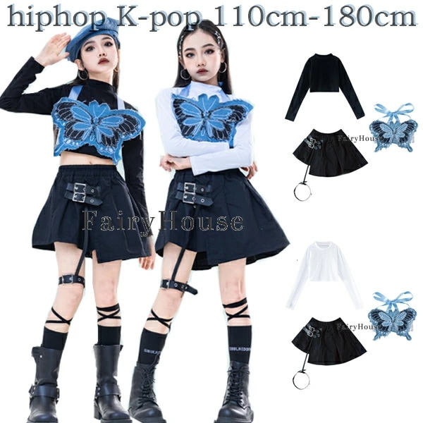 2026新型 タイムセール キッズダンス衣装 女の子 セットアップ ファッション 蝶のサスペンダー+長袖Tシャツ+個性スカート 上下 3点セット 演出服 ストリートダンス ジャズダンス衣装 運動会 子