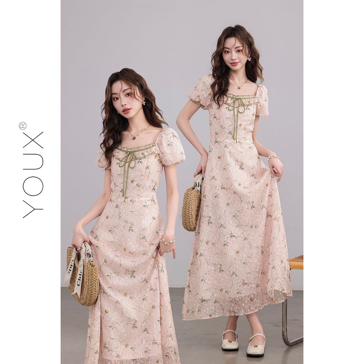 フラワーピクニックワンピース 2025春夏新作 ソフト フラワープリント ハイウエスト スクエアネック Aライン スイート ワンピース ワンピース レディース ロングワンピース ワンピース 夏 パーテ