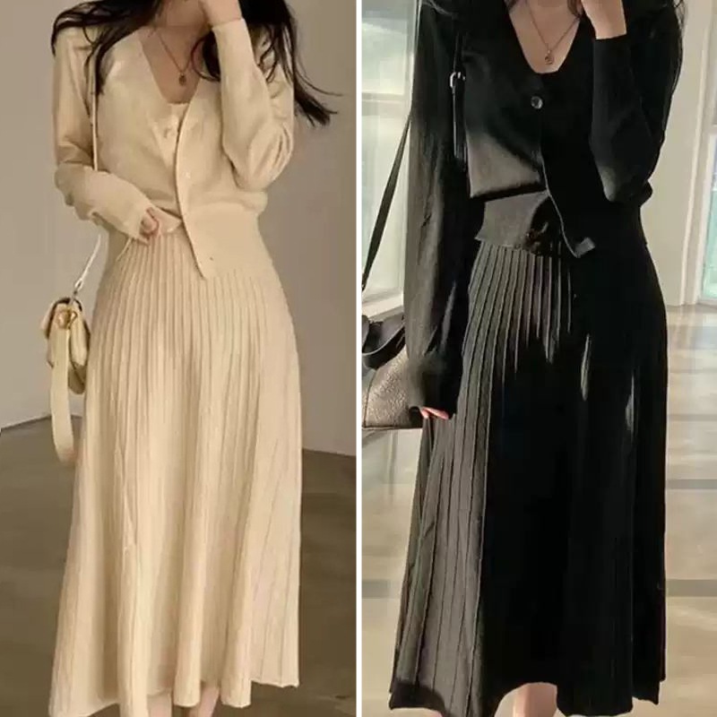ニットカーディガン ワンピース 2点セット 2色 レディース ロング 長袖 Vネック プリーツ きれいめ 上品 おしゃれ レトロ 無地 秋 冬 謝恩会 二次会 オフィス 通勤 デート お出かけ