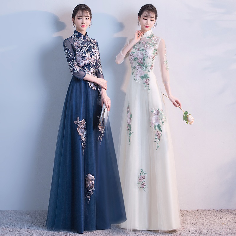 パーティードレス チャイナ風 チャイナドレス 立ち襟 刺繍 成人式 ワンピース レディース エレガント 優雅 ロングドレス 結婚式 二次会 大きいサイズ 小さいサイズ 袖付き チュール マキシ丈 衣装