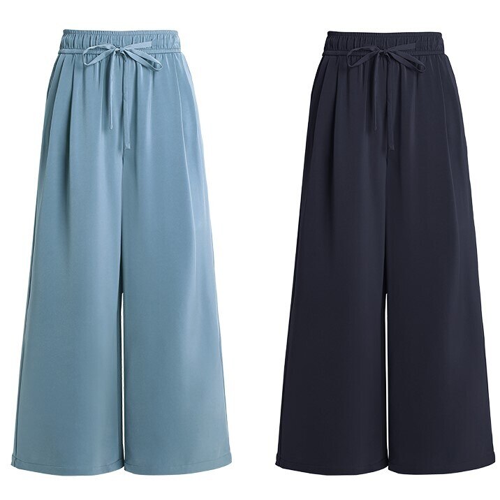 2色 ボトムス パンツ 春 夏 秋 きれいめ レディース ガウチョパンツ ワイドパンツ ロング丈 無地 ウエスト ゴム ウエストリボン ポケット 伸縮性 ブラック ブルー かわいい 大人可愛い シンプ
