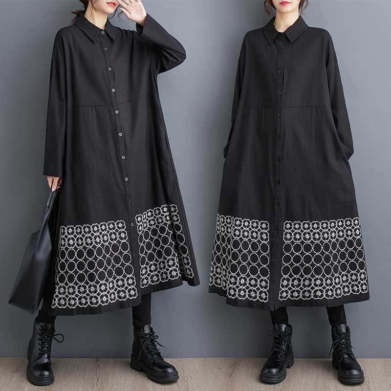 春のワンピース 2024春秋 レトロ ブラック ワンピース シャツ ワンピース ゆったり 着痩せ ロングワンピース 長袖 大きいサイズワンピース30%制限