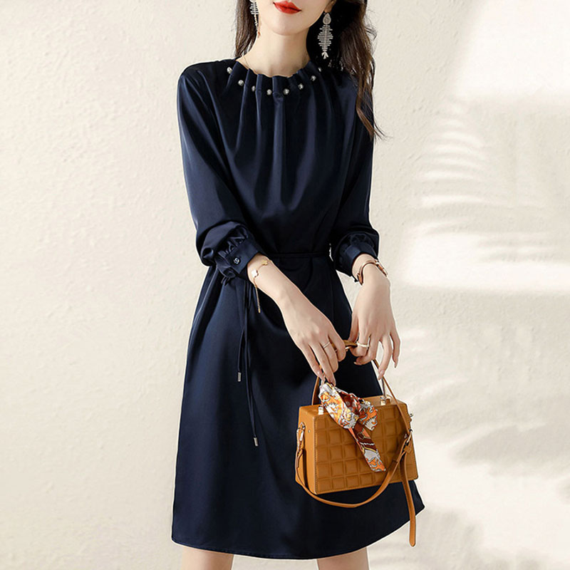 【気質アップ】 ロマンチックギャザーAライン 真珠ボウタイ春無地エレガントワンピース