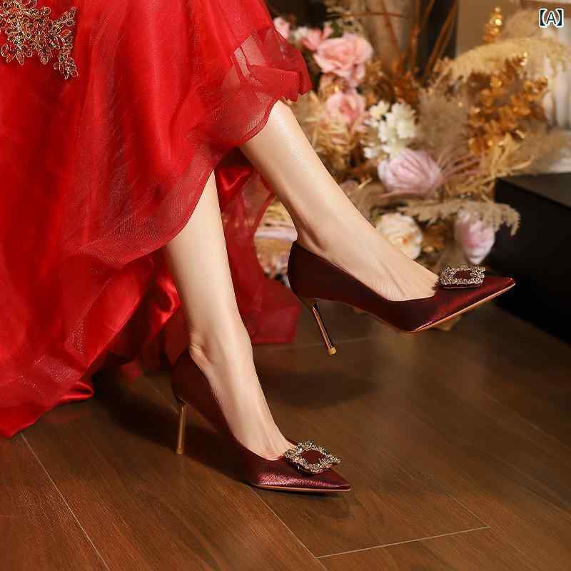 ハイヒール　シューズ　レディース フランス製 クリスタル スクエアバックル ウェディングシューズ 女性用 秀和 ウェディングドレス ブライダル シューズ ウェディング バンケット 毎日 履ける 疲れにピンヒール