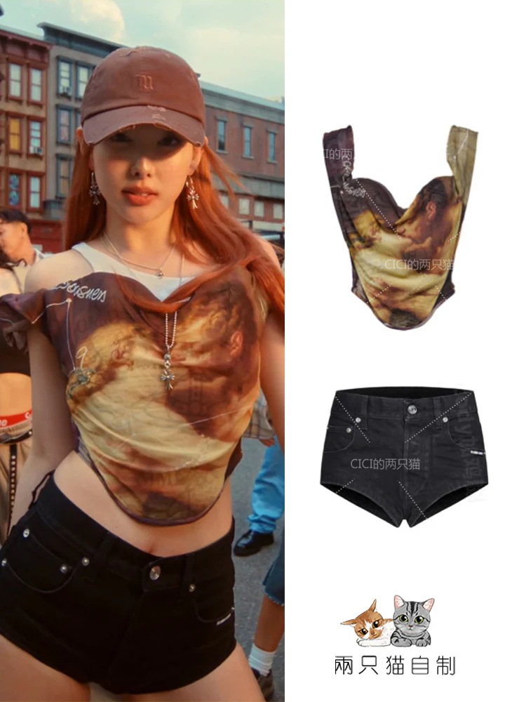 twice リン・ナヨン Iu 李志エン コンサート油絵プリント付きキャミソールワンショルダートップス