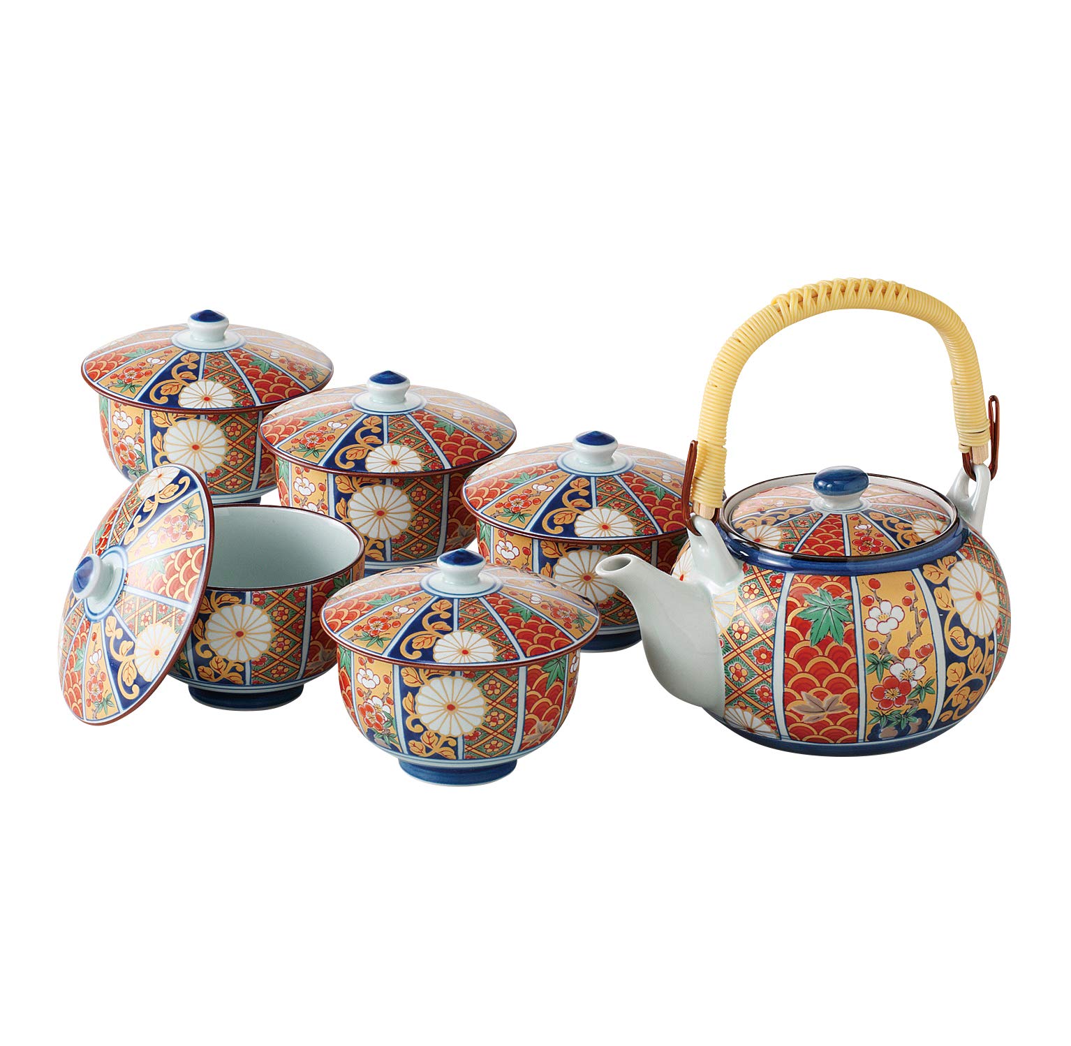 西海陶器(saikaitoki) 湯呑み 染錦 セット箱入 波佐見焼 蓋付 茶器揃 金彩 古伊万里 52662