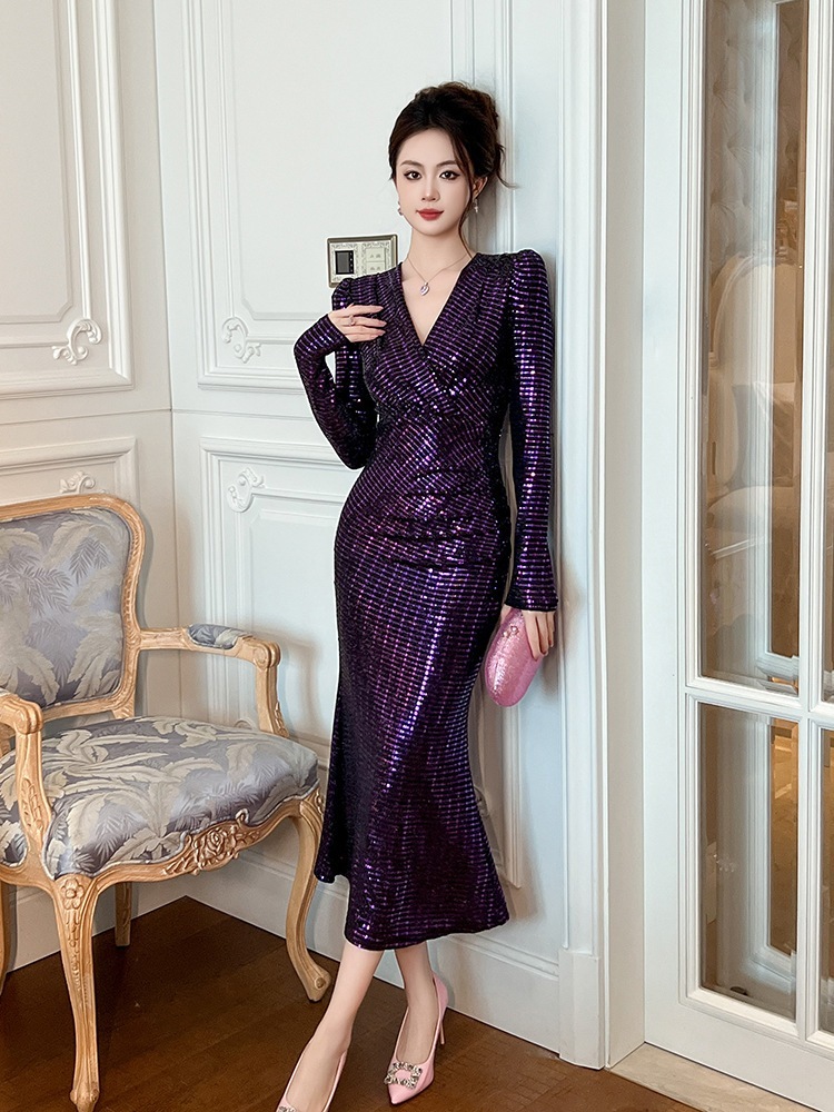 【JY.上品】 キラキラ vネック 秋冬 セクシー スリム ドレス パーティー キャバ 大人 同窓会 披露宴 卒業式 結婚式 成人式 ウェディング 二次会 メガ割