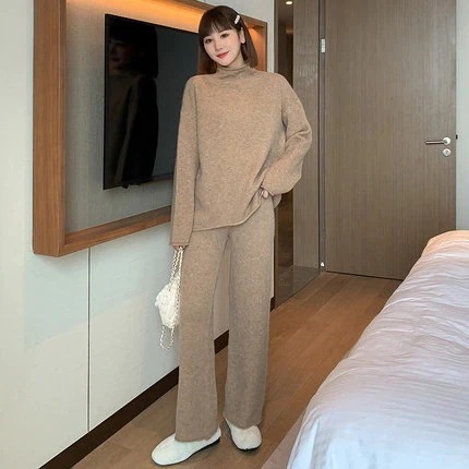 涼しく楽ちんセットアップ タートルネックニット ニットパンツ 二点セット カシミヤ 弾力 ニット上下セット ニットカーディガン ワイドパンツ セーター アンダーウェア お肌に優しい 高弾力性30%まで