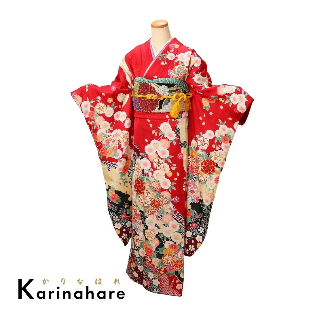 結婚式結納レンタル赤字に熨斗目柄を白い小花と黒いかの小柄で描いた振袖F620-108