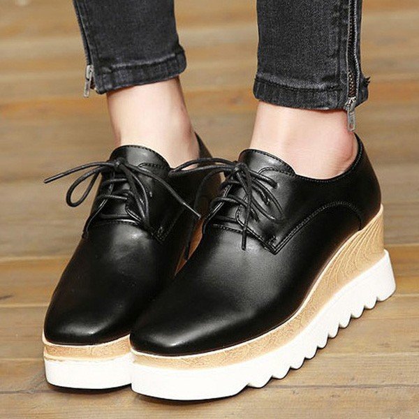厚底ウェッジ シューズ パンプス レースアップ 厚底 オックスフォード ウェッジソール ウッド スムース レザー ブーツ ショート レディース ブラック 5,561円