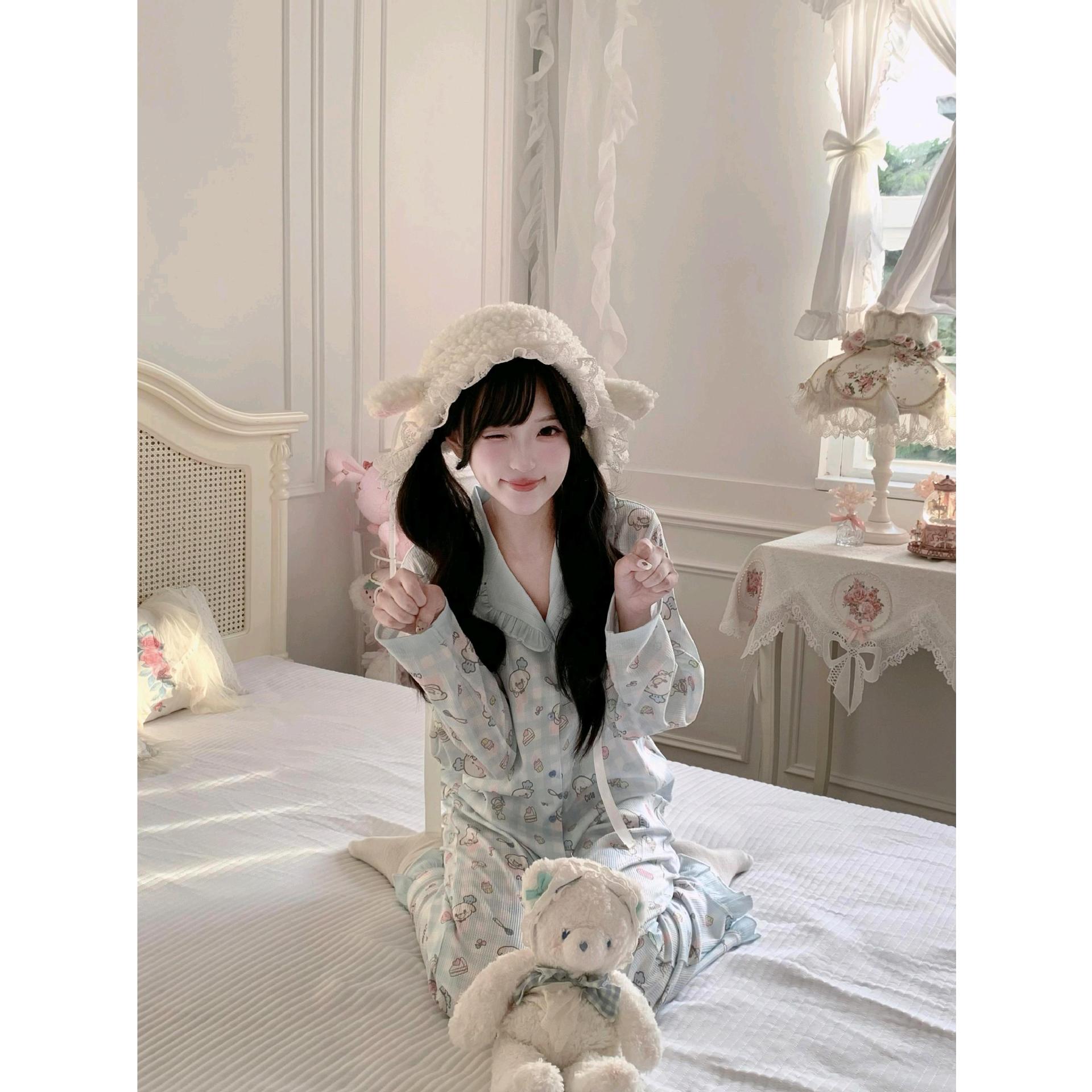 【急速出荷】シープパフホームワッフル子犬レーススプリットホームウェアセットキュートなブルーパジャマ