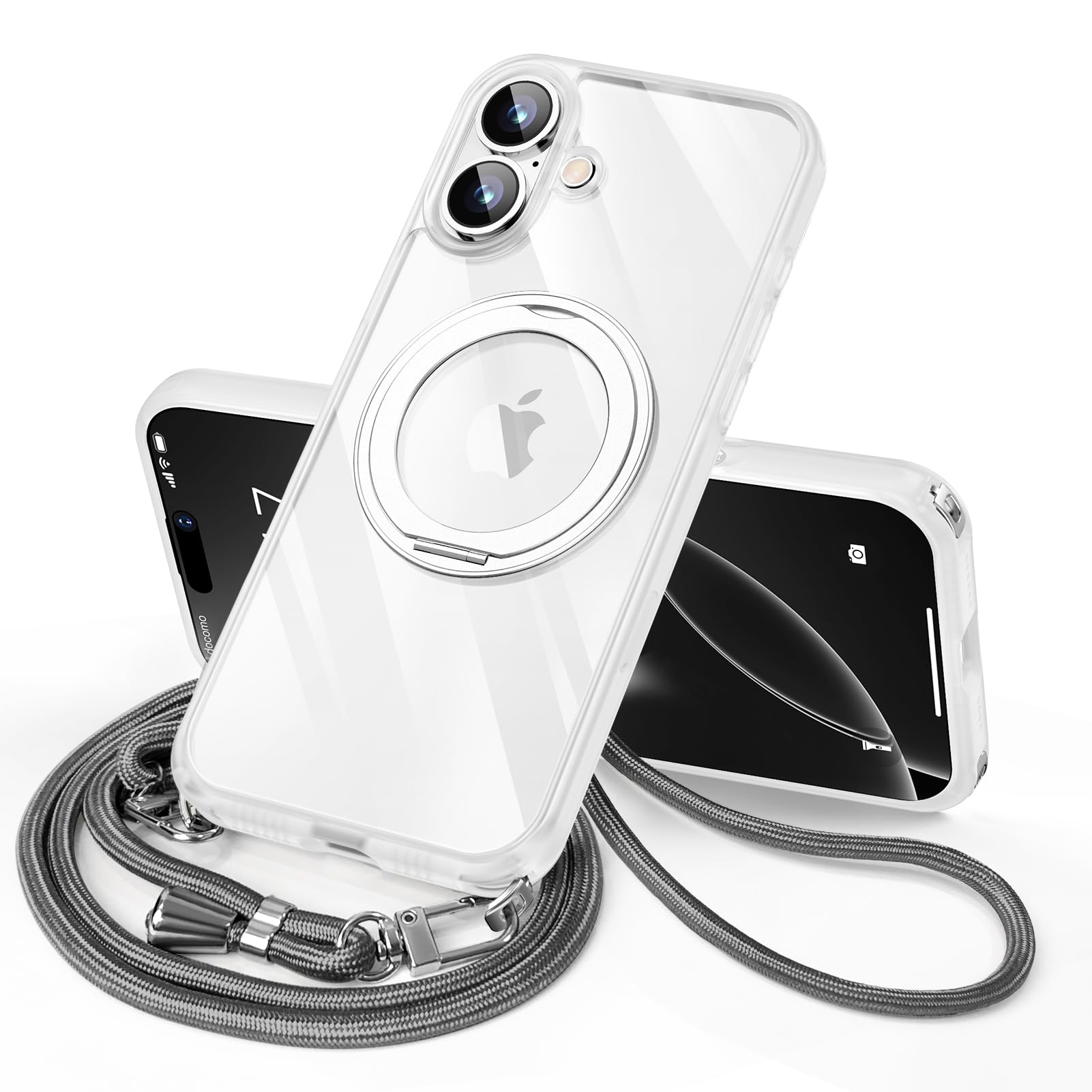 iPhone 16 用 ケース ダブルリング付き ショルダー ストラップ付き 多機能360度回転スタンド MagSafe対応 ワイヤレス充電対応 耐衝撃 カメラレンズ保護 両眼 6.1インチ いpho