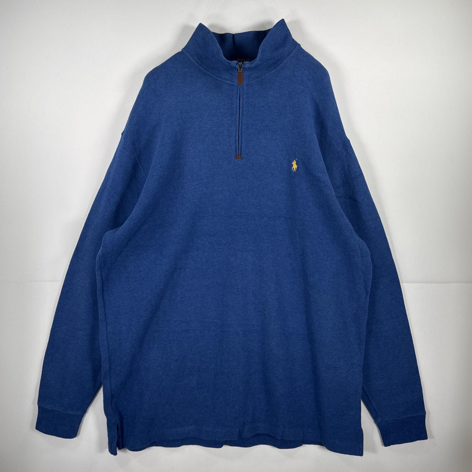 古着 長袖 ニット ハーフジップ トレーナー セーター 大きいサイズ ワンポイント 2XLT ブルー系 無地 メンズ