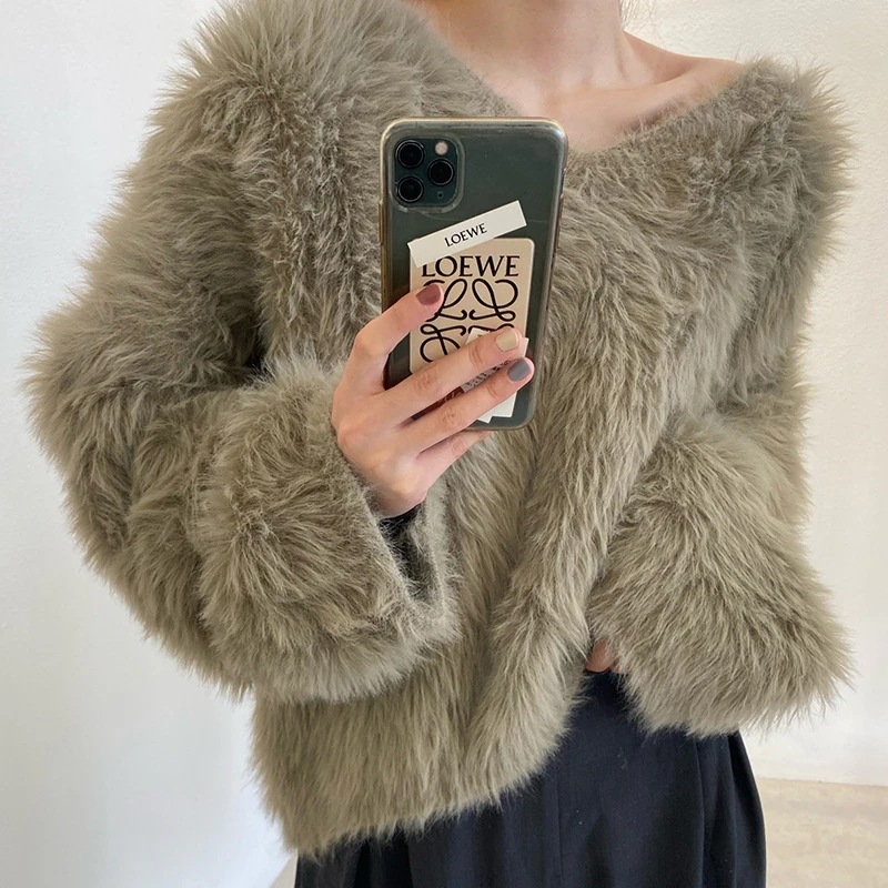 トップスニットプルオーバーデザイン ニット Vネック フリース韓版 上着PM106 やさしい ゆったり 長袖 フェイクファー 秋冬