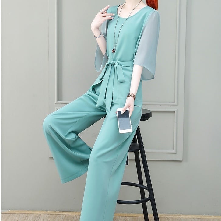 セットアップ ブラウス スーツ ミモレ丈 パンツ ワイド シフォン ハイウエスト 切り替え 2点セット ボウタイ リボン ウエストマーク 透け感 シアー ラウンドネック 袖あり 長袖 Aライン lsu