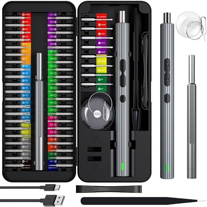 電動ドライバー 小型 58点セット Type-C充電式 コードレス 正逆転 50個磁気ビット LEDライト付き 精密ドライバーセット 専用ケース付き