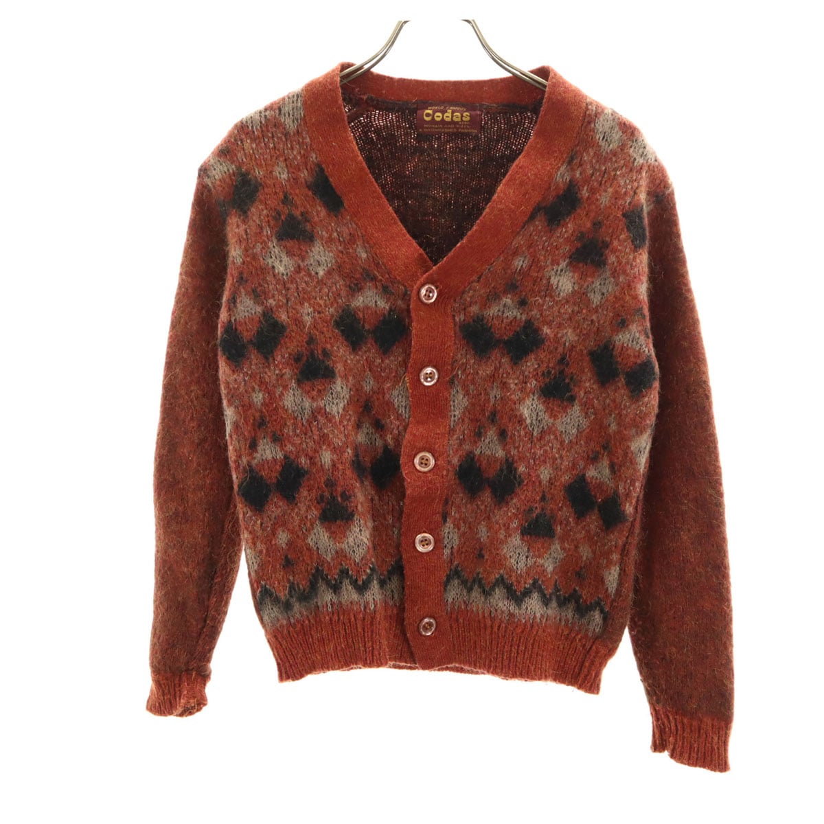 Codas 60s 70s ヴィンテージ アーガイル柄 長袖 モヘア カーディガン オレンジ メンズ 古着