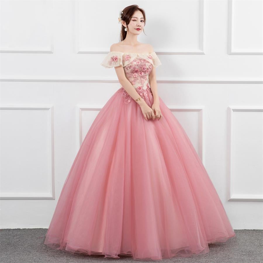 カラードレス ロングドレス 演奏会 フラワー プリンセスライン ステージ 舞台衣装 発表会 コンサート コンクール 大人可愛い ピンク オフショルダー 編み上げ-905