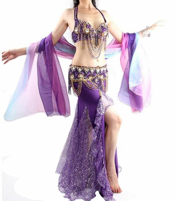 衣装セット 4色 上下セット＋ 腰巻き ３点セット ベリーダンス衣装 フリンジ スパンコール クラーデション コスチューム 社交ダンス ダンス服 ストレッチ レディース