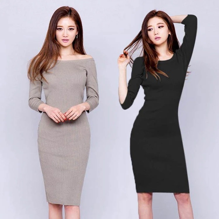ニットワンピース レディース ワンピース タイト タイトワンピ 九分袖 無地 ニット 膝丈 通勤 オフィス チュニック カットソー 結婚式