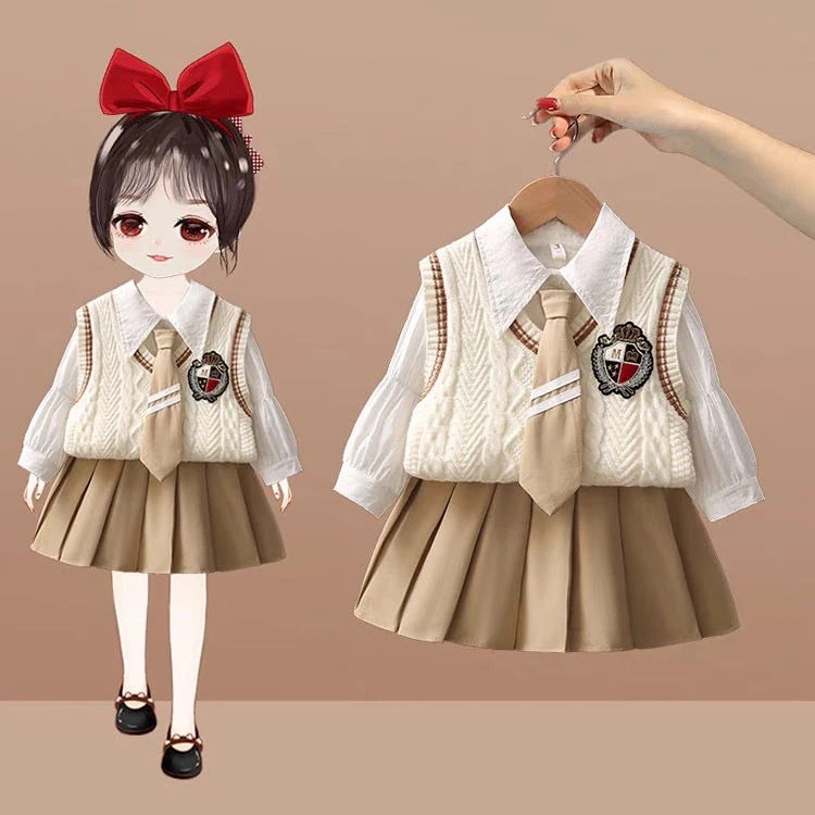 女の子 JK 制服 スーツ 2024春 春 リトルガール プレッピー スリーピース 子供用 ニットベスト