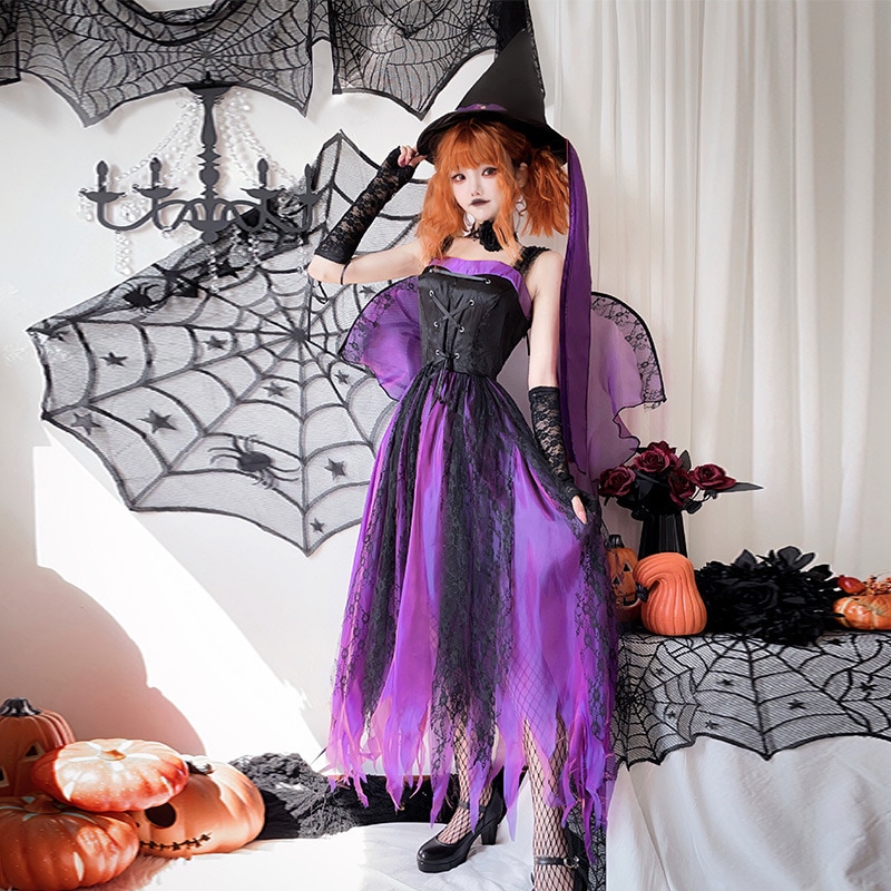 ハロウィン大人用コスチューム翼付きダークエンジェルコスゴースト花嫁吸血鬼女王コスチューム紫の魔女ドレス