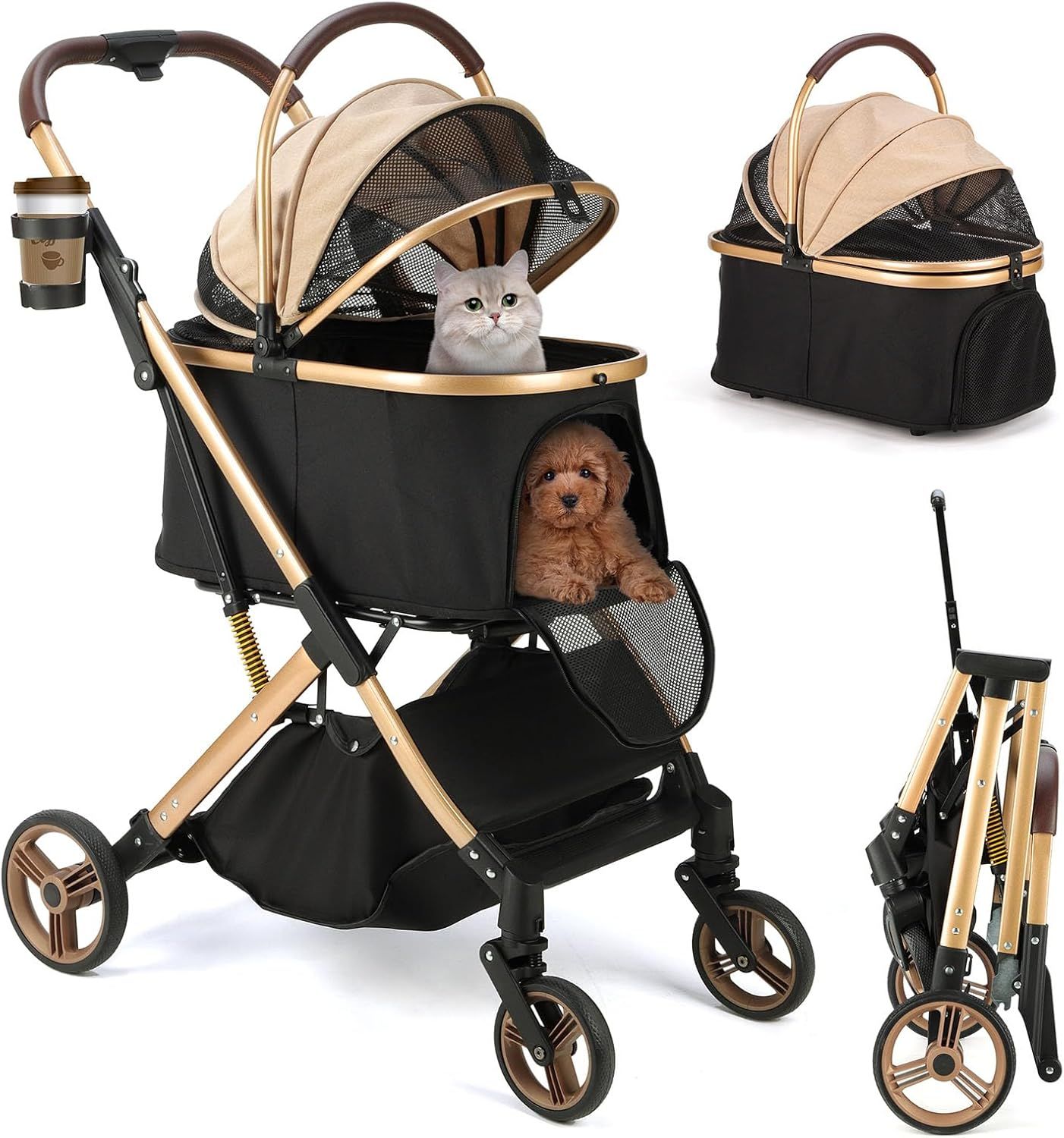 ペットカート 耐振動スプリング付き 耐荷重30Kg 犬用カート 分離型 4輪 航空アルミ合金車体 犬 バギー 猫 小型犬多頭 中型犬 可視窓 飛び出し防止リード付き 前輪360回転 後輪ブレーキ付き