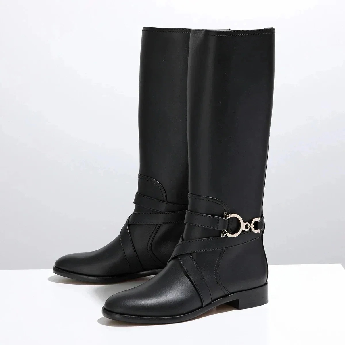 FERRAGAMO フェラガモ ロングブーツ SARAH サラ 726392 レディース ガンチーニ レザー ラウンドトゥ シューズ 靴 NERO