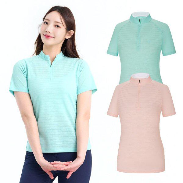 女性ストライプすっきりとした登山半袖ハーフジップTシャツKSC058VT0W