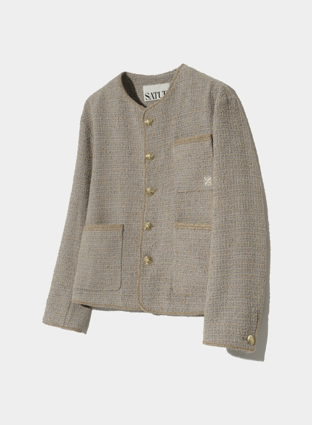 【SATUR】 COLLARLESS TWO TONE TWEED JACKET : BEIGE BLUE