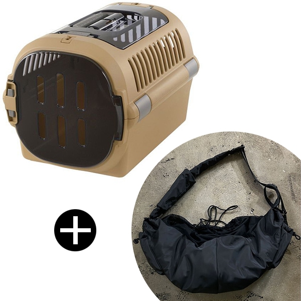 キャンピングキャリーファイン ダブルドア M ブラウン + PUFF PET PUFF SLING P25001-15 ブラック ペットキャリー セット