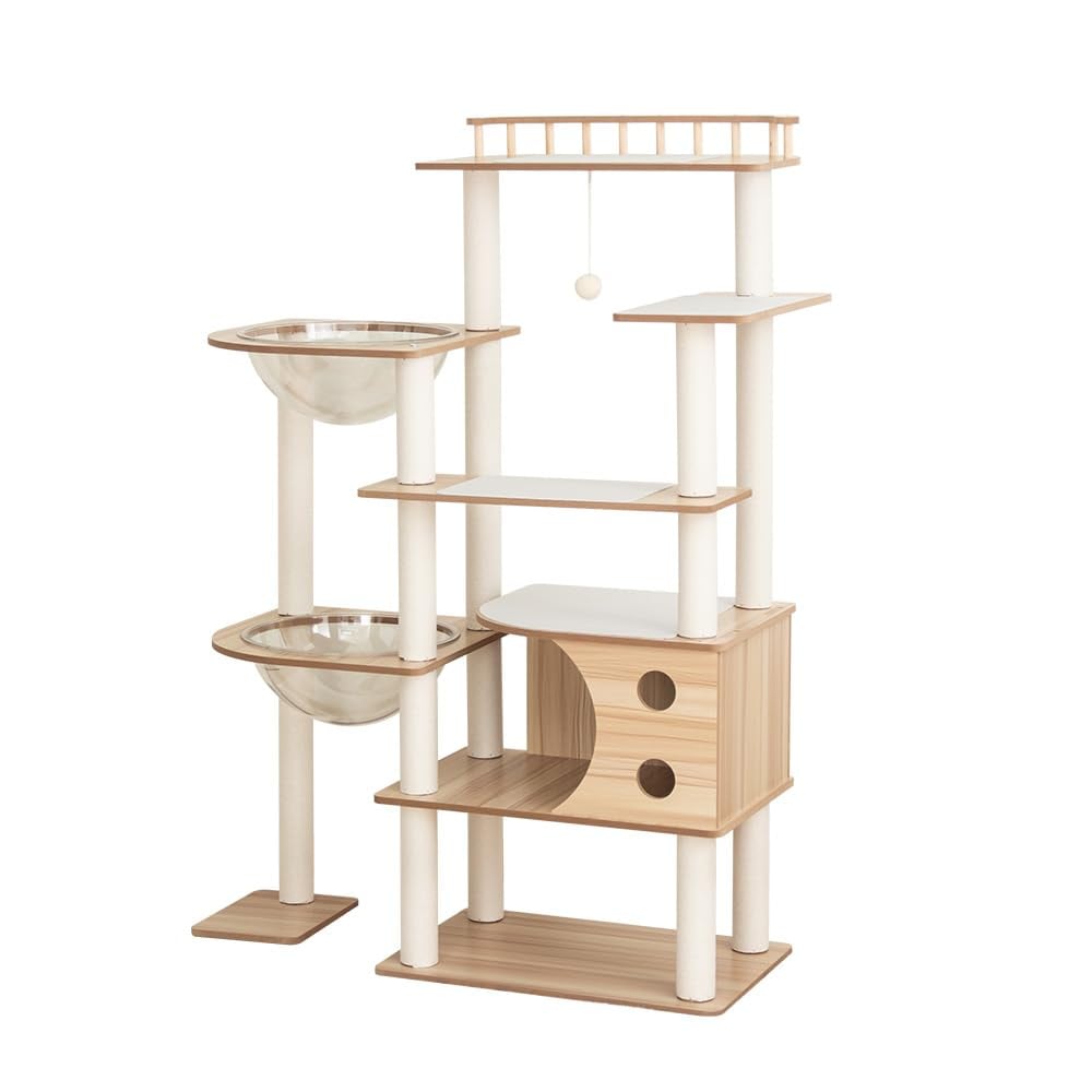 PETTIFUL キャットタワー 木製 据え置き おしゃれ シニア 【滑り止めマット付き】 大型猫 宇宙船 クリアボウル 大型 安定性高い どっしり インテリアに馴染み インテリア性高い 天然木目 大