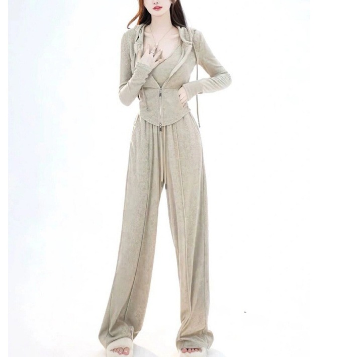 ハイエンドのカスタマイズ-2025春新作レディース韓国風ソルトスタイルカジュアルスポーツカーディガンサスペンダー痩身ワイドレッグパンツ3点セット