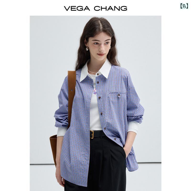 VEGA CHANGの2025春秋シーズン.グリッド柄の女性用シャツコントラストカラーの襟が特徴で.フランス風のカジュアルロングスリーブトップスです