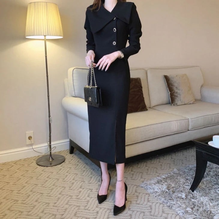 【急速出荷!】ワンピース ドレス レディース ロングワンピース きれいめ 大人 フォーマル 入学式 卒業式 入園式 卒園式 参観日 ビジネス オフィス OL 通勤 ビッグラペル ワンピ 韓国フ