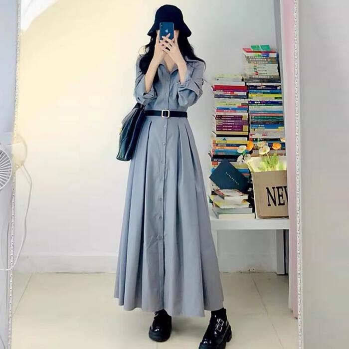 ワンピース ワンピ ドレス シャツワンピ 袖あり プリーツ レディース エレガント きれいめ カジュアル 長袖 大人 可愛い フェミニン ロング丈 ウエストベルト シンプル 体型カバー グレー 春 秋