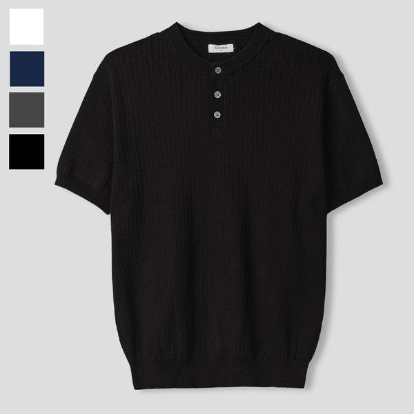 メンズ ウェール ボタン ヘンリーネック 半袖 ニットTシャツ GN-KNH-Q019-ブラック