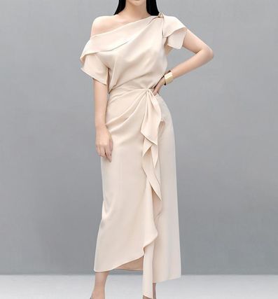 パーティードレス ワンショルダー オフショルダータイト シフォン オフショルダー フレア無地 ミディアム ロング 半袖 ミモレ丈 カーキ 謝恩会 結婚式二次会 かわいい きれいめ シンプル 6,754円